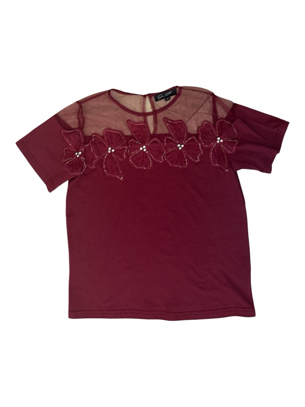 ⭐️ On 12th- Burgundy Floral Mesh Top with floral design- size S